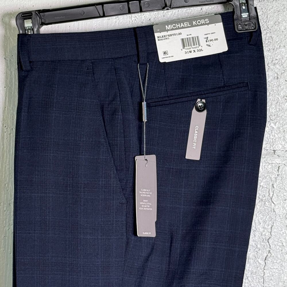 Michael Kors Men's Classic-Fit Wool-Blend Suit Pants Navy Plaid, 31x32 $200